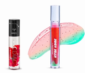Blossom Juicy Jelly Moisturizing Lip Care Fruit Flavored Nourishing Lip Oil   Zodiac Sign Vanilla Scented Roll On Lip Gloss with Crystals, 2 Pack Bundle, Watermelon/Aries