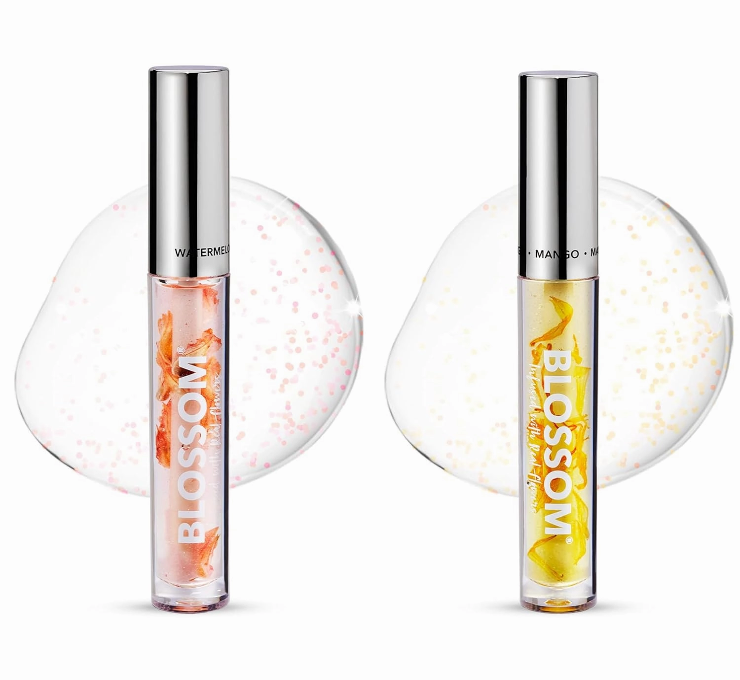 Blossom Moisturizing and Hydrating Shimmer Sparkle Lip Oil with Olive Oil   Grape Seed Oil, Infused with Real Flowers, 6g, 2 Pack Bundle, Watermelon   Mango