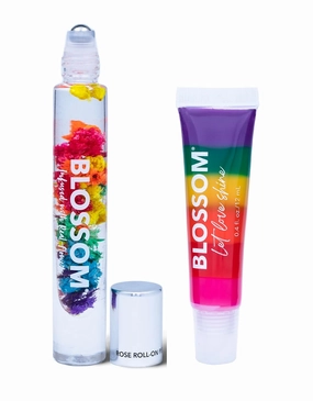 Blossom Moisturizing Strawberry Scented Tinted Lip Gloss Tube   All Natural Rollerball Perfume Oil, 2 Pack Bundle, Strawberry Rainbow/Rainbow Rose