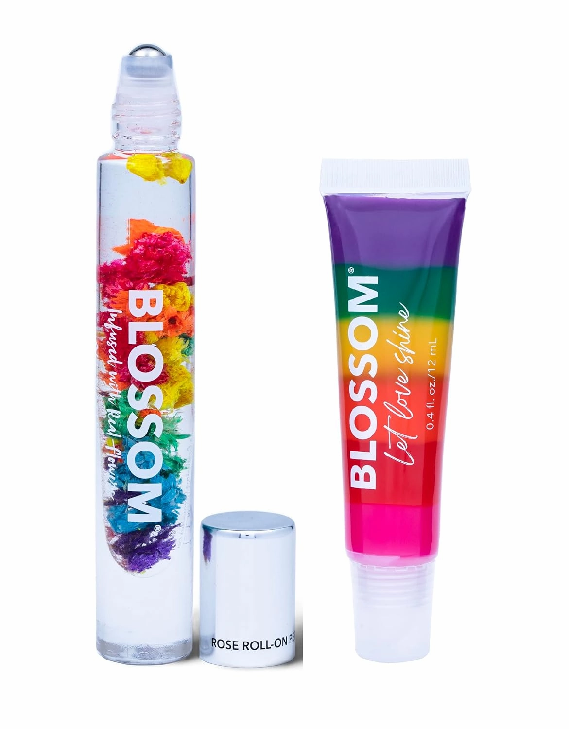 Blossom Moisturizing Strawberry Scented Tinted Lip Gloss Tube   All Natural Rollerball Perfume Oil, 2 Pack Bundle, Strawberry Rainbow/Rainbow Rose