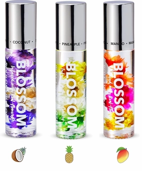Blossom Scented Roll on Lip Gloss, Infused with Real Flowers, Made in USA, 0.60 fl. oz/17.7ml, 3 pack bundle, Coconut, Pineapple Mango