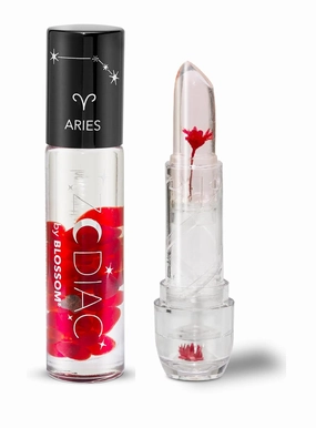 Blossom Zodiac Sign Vanilla Scented Moisturizing Roll-On Lip Gloss with Crystals   pH Technology Color Changing Crystal Strawberry Scented Lip Balm, 2 Pack Bundle, Aries/Red