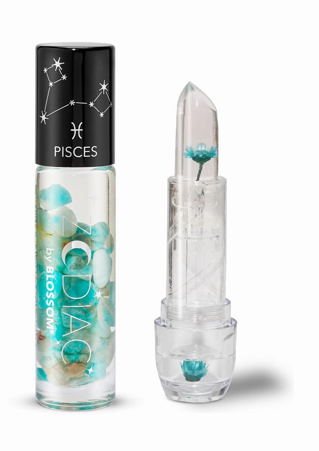 Blossom Zodiac Sign Vanilla Scented Moisturizing Roll-On Lip Gloss with Crystals   pH Technology Color Changing Crystal Strawberry Scented Lip Balm, 2 Pack Bundle, Pisces/Turquoise