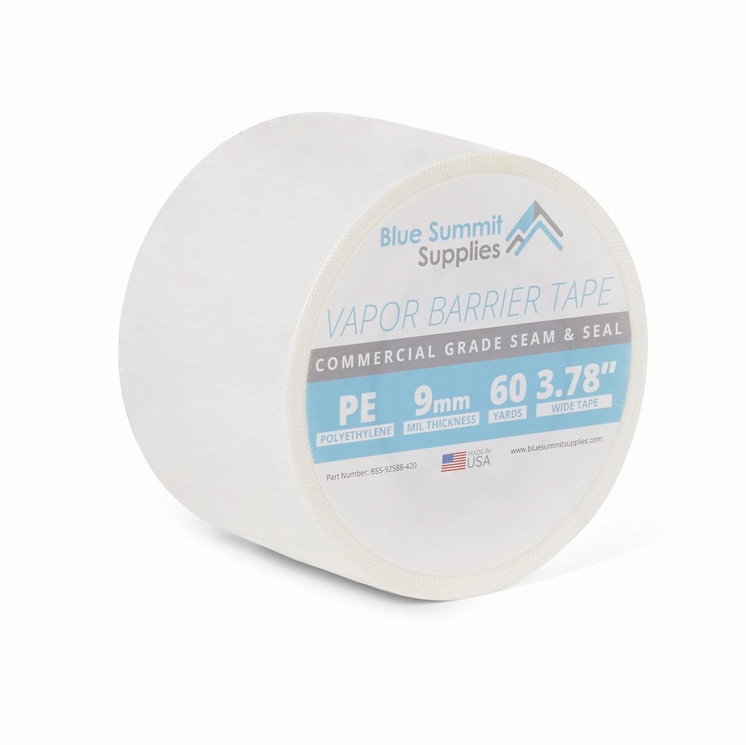 Blue Summit Supplies Vapor Barrier Tape, PE 9mm Polyethylene Tape, Moisture Barrier Seam for Crawl Space or Marine Use, Waterproof White, 3.78" Wide, 180' Length