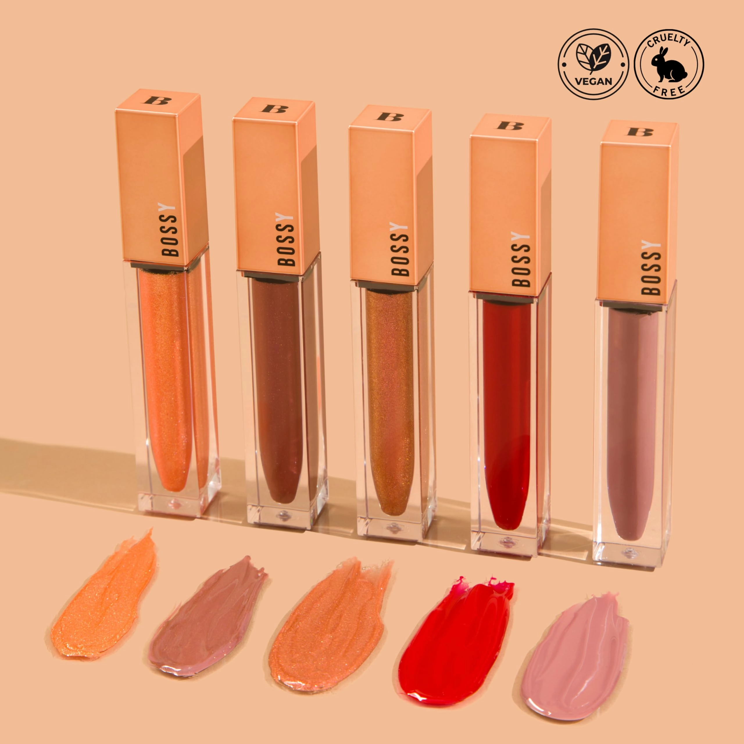 Bossy Cosmetics Vegan Lip Gloss for Soft Lips, Plumping Oil, Hydrating Non-Stick Lipgloss for Women, Provides Maximum Shine, Paraben and Cruelty Free (Empowered - Peach Color)