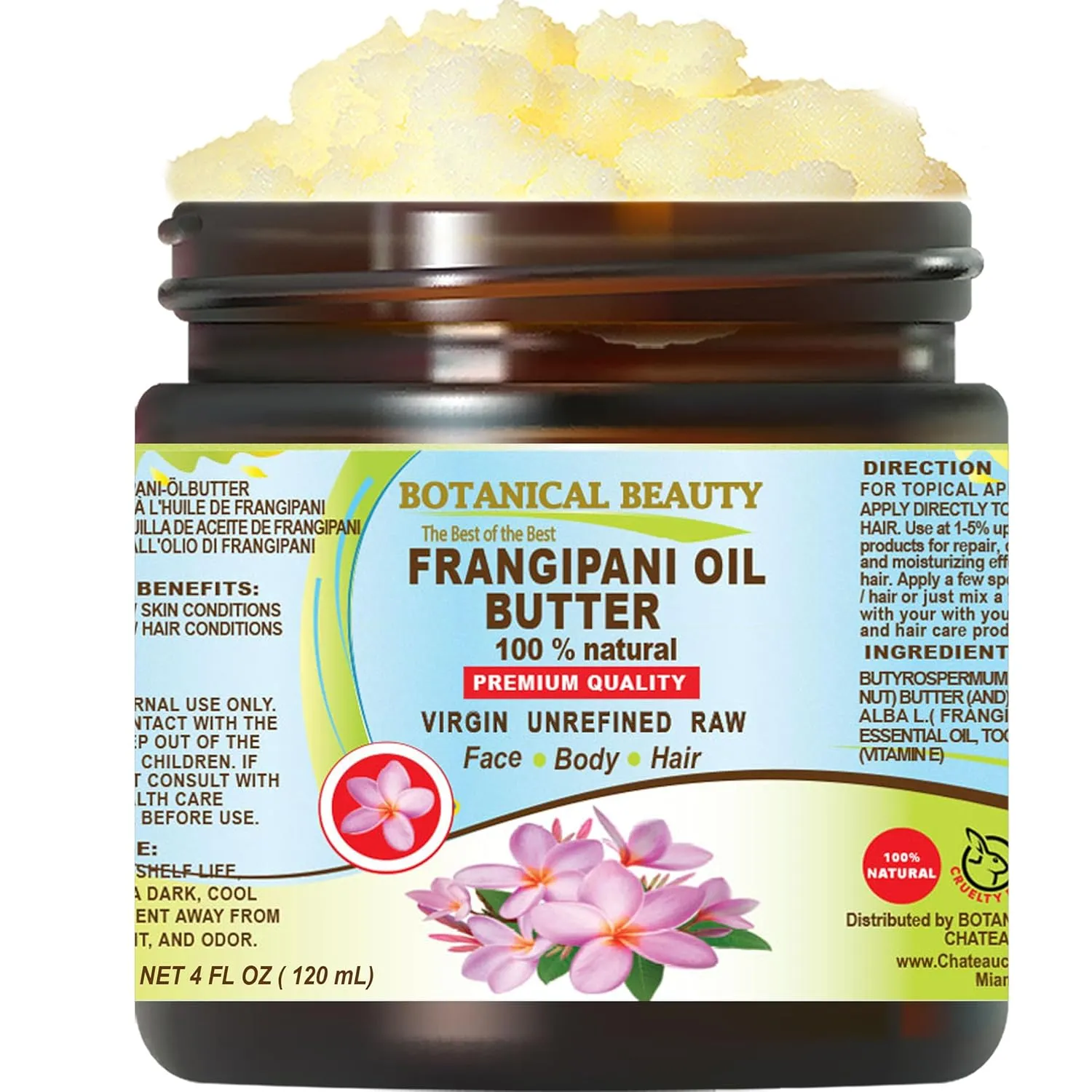 Botanical Beauty FRANGIPANI OIL BUTTER 100% Natural 4 Fl.oz.- 120 ml. Frangipani Essential Oil in Shea Nut Butter for FACE, SKIN, BODY, HAIR, NAILS. Beauty Skin Moisturizer Oil Butter.