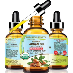 Botanical Beauty Organic ARGAN OIL 100% Pure Natural VIRGIN UNREFINED Cold-Pressed Carrier Oil 4 Fl oz 120 ml for Face, Skin, Body, Hair, Lip, Nails. Rich in Vitamin E