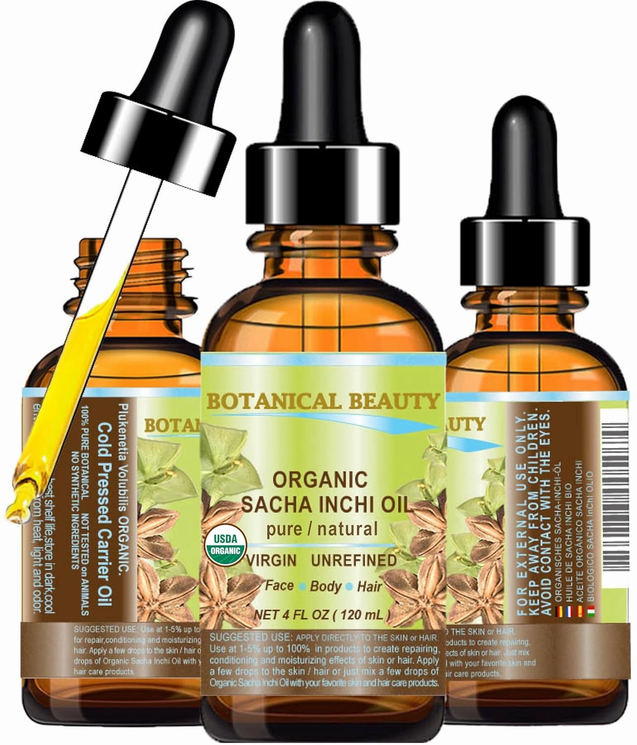 Botanical Beauty Organic SACHA INCHI OIL 100% Natural Pure Undiluted Virgin Unrefined Cold Pressed Carrier Certified Organic Oil 4 Fl.oz.- 120 ml. For Face, Skin, Hair, Lip, Nails, Rich in Vitamin E
