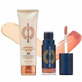 Brush On Block Sun Shine SPF 30 Lip Oil & Sheer Genius Tint SPF 50 2-Pack Bundle – Mineral Lip Oil & Tinted Moisturizer, Zinc Oxide & Hyaluronic Acid, UVA/UVB & Blue Light, Vegan, Cruelty-Free