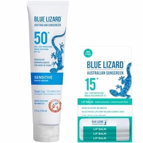 Bundle of BLUE LIZARD Sensitive Mineral Sunscreen with Zinc Oxide Sensitive, SPF 50 5 Fl Oz   3-Pack Blue Lizard Mineral SPF 15 Lip Balm:Natural Coconut Flavor, Each Tube 0.13 oz.