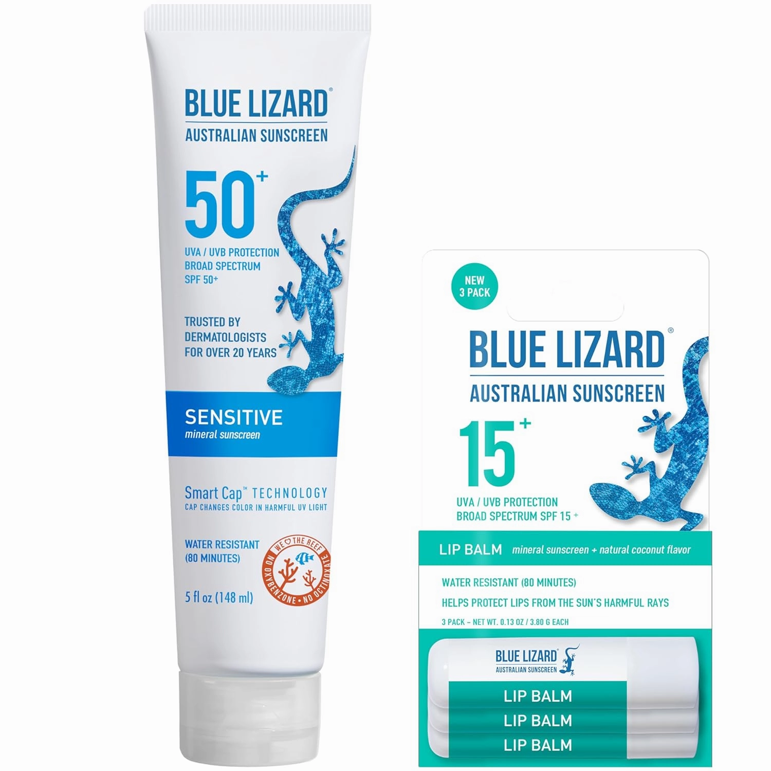 Bundle of BLUE LIZARD Sensitive Mineral Sunscreen with Zinc Oxide Sensitive, SPF 50 5 Fl Oz   3-Pack Blue Lizard Mineral SPF 15 Lip Balm:Natural Coconut Flavor, Each Tube 0.13 oz.