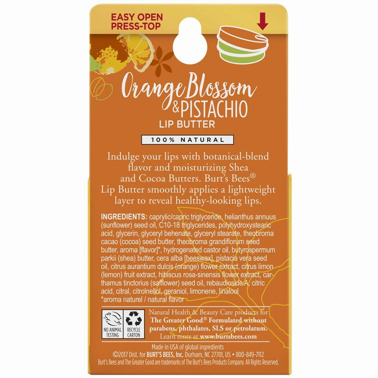 Burt's Bees 100% Natural Moisturizing Lip Butter with Orange Blossom & Pistachio, 6 Tins