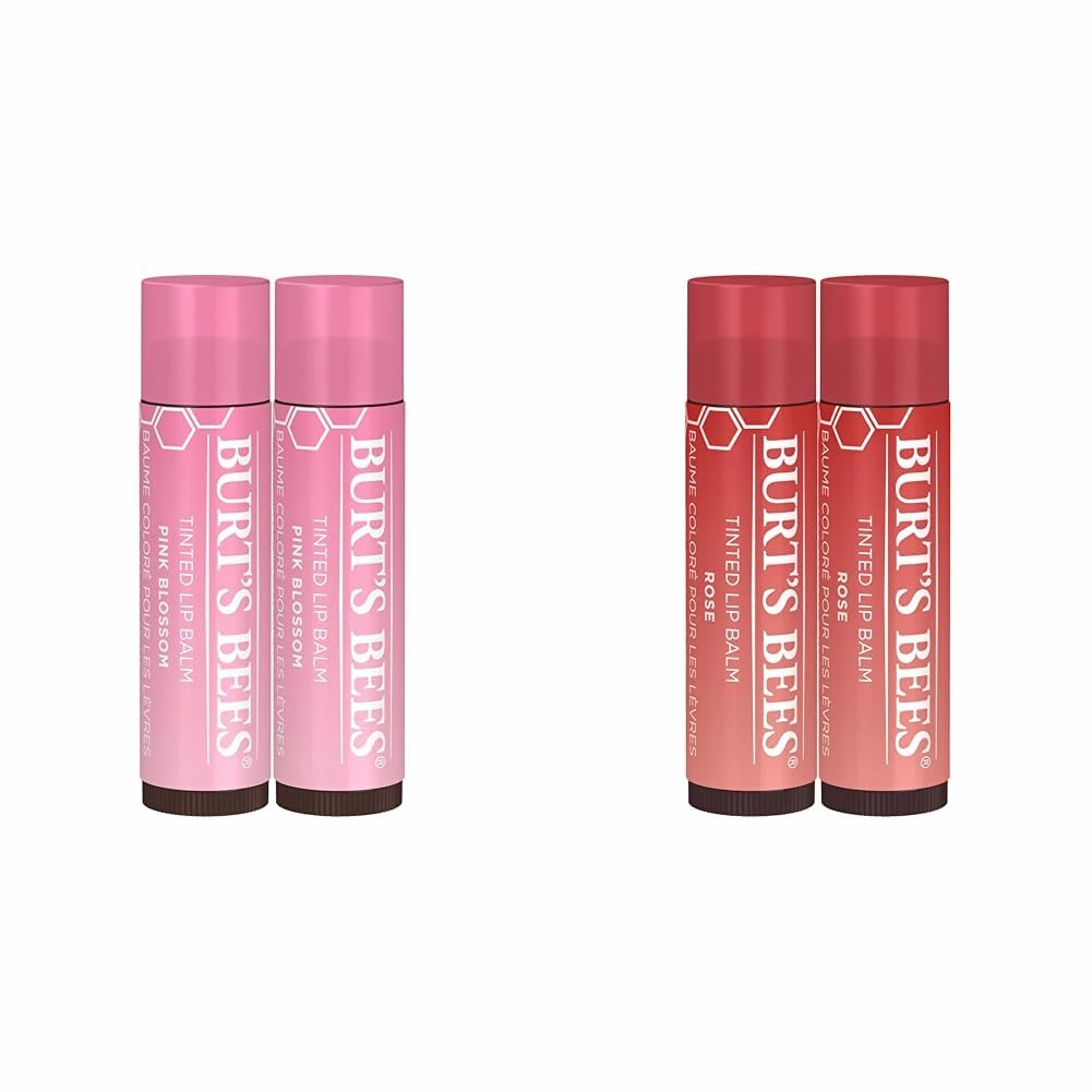 Burt's Bees 2-Pack Tinted Lip Balm Bundle with Pink Blossom and Petal Rose Shades for Long Lasting Hydration Infused with Shea Butter