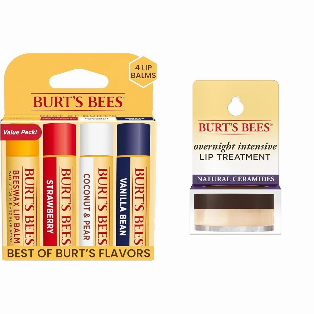 Burt's Bees Lip Balm Easter Basket Stuffers - Beeswax, Strawberry, Coconut and Pear & Overnight Intensive Lip Treatment, 0.25 oz - Moisturizing, Restorative