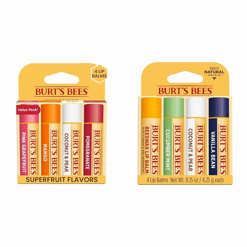 Burt's Bees Lip Balm Easter Basket Stuffers - Pink Grapefruit, Mango, Coconut & Pear, Pomegranate and Beeswax, Cucumber Mint, Coconut and Pear, Vanilla Bean Packs, 4 Tubes Each, 0.15 oz