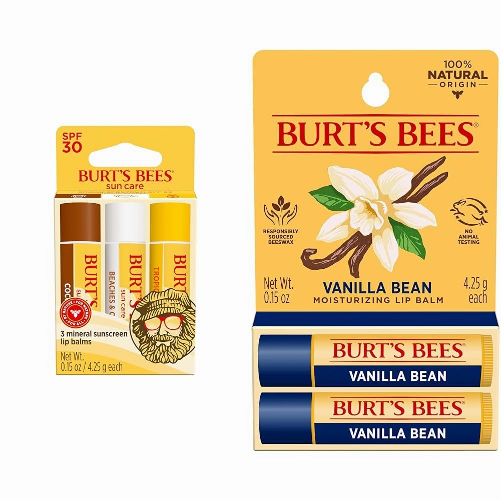 Burt's Bees SPF 30 Lip Balm Island Getaway 3-Pack, 0.15 oz & Vanilla Bean Lip Balm 2-Pack, 0.15 oz