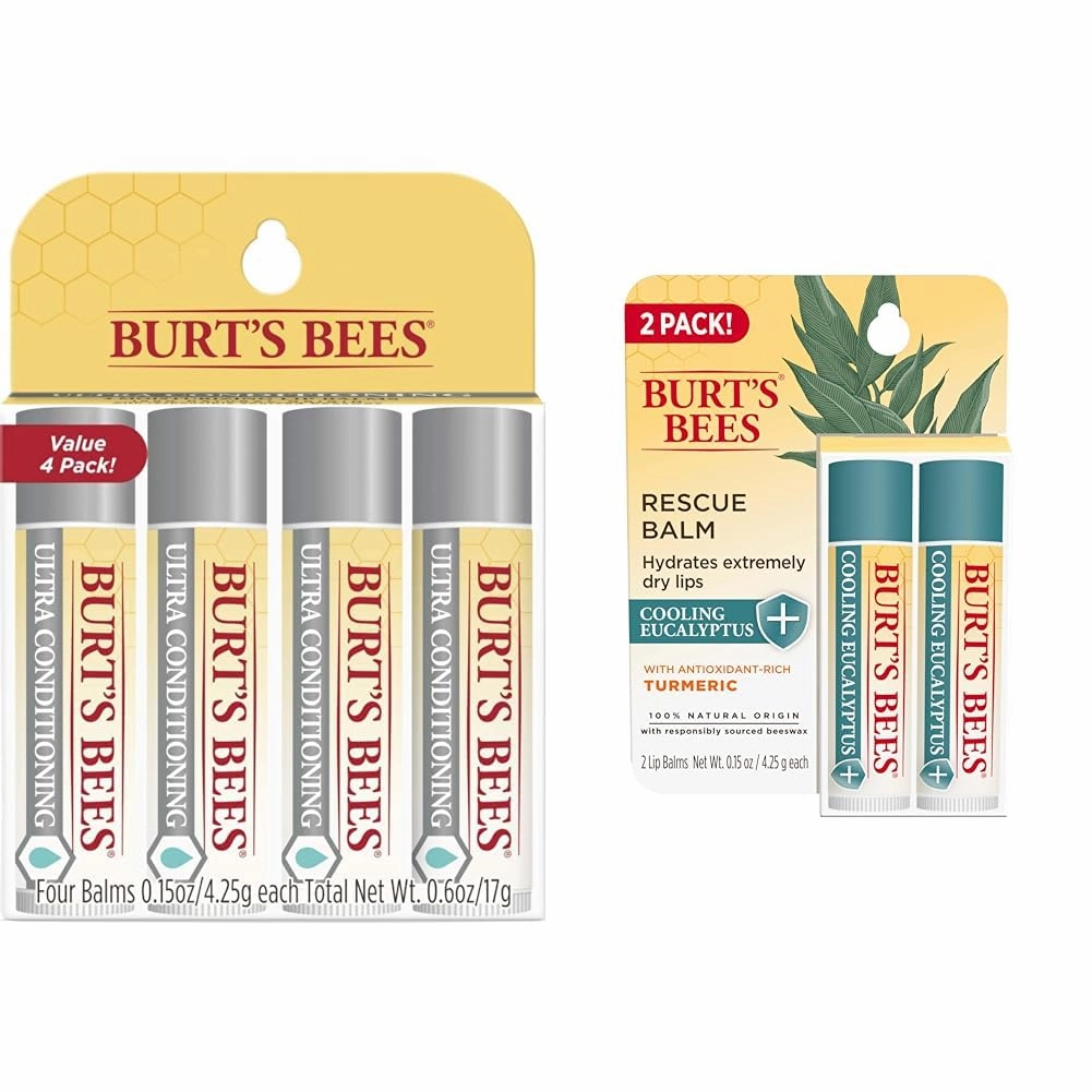 Burt's Bees Ultra Conditioning Moisturizing Lip Balm, Lip Moisturizer Rich in Oils and Butters & Rescue Balm Cooling Eucalyptus Lip Balm, With Antioxidant-Rich Turmeric, Tint-Free