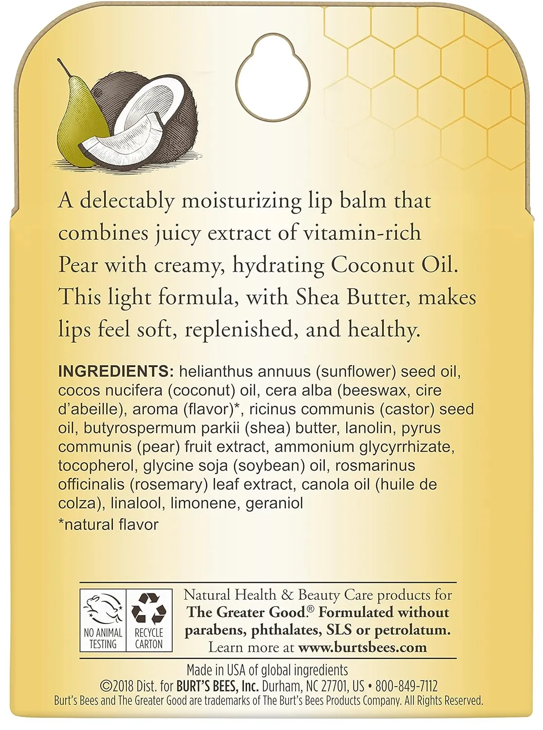 Burt's Bees 100% Natural Moisturizing Lip Balm, Coconut & Pear with Beeswax & Fruit Extracts, 4 Tubes