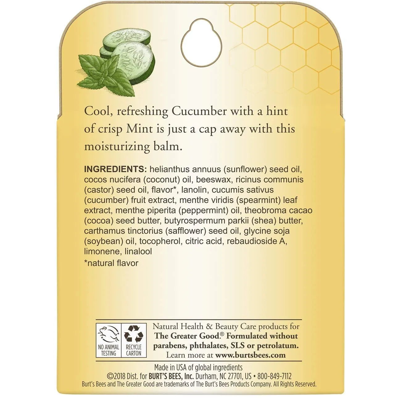 Burt's Bees 100% Natural Origin Moisturizing Lip Balm, Cucumber Mint with Beeswax, 4 Tubes