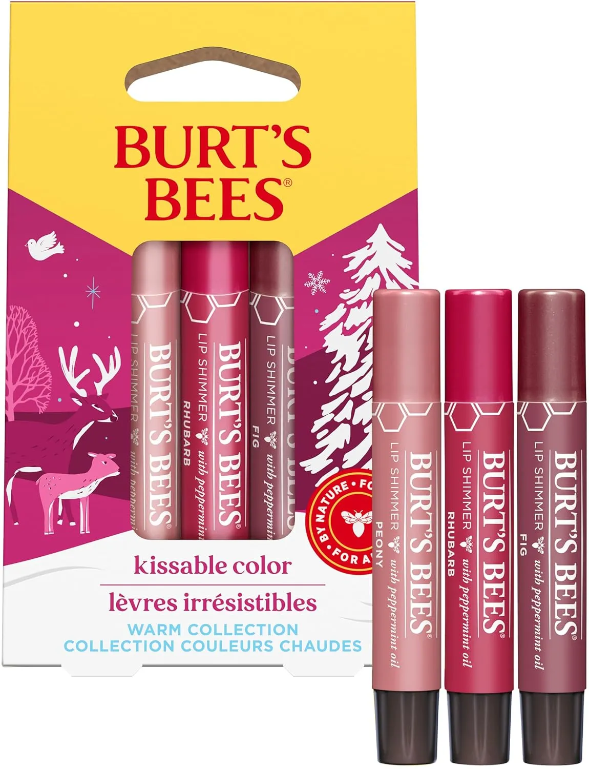 Burt's Bees Lip Shimmer Gift Set, Kissable Color, Warm Collection, 3-Pack, 0.09 oz.