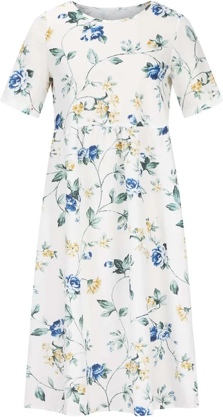 Business Dress for Women Empire Waist Ruched Front Pocket Short Sleeve Maxi Dresses Boho Floral Flowy Summer Dress