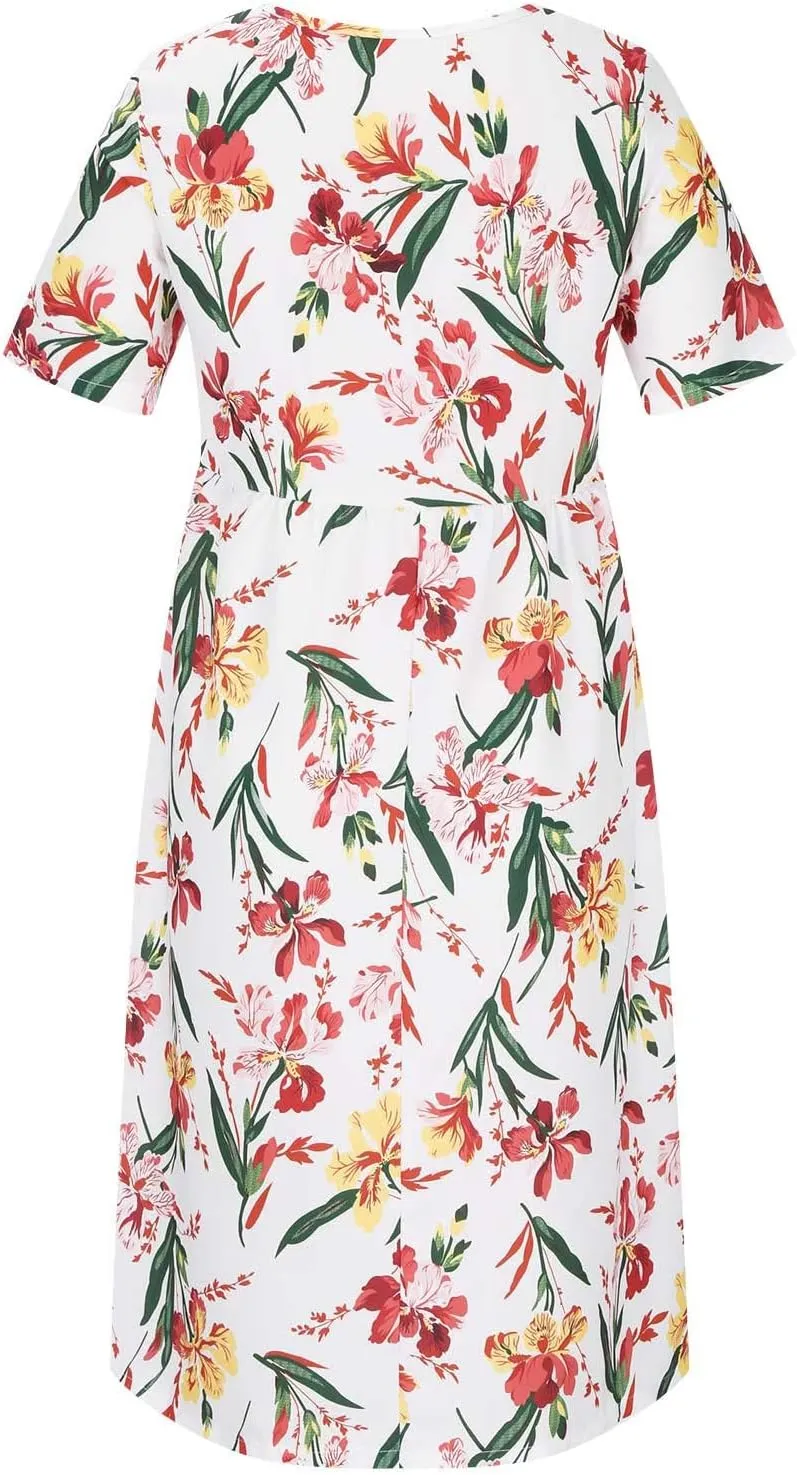 Business Dress for Women Empire Waist Ruched Front Pocket Short Sleeve Maxi Dresses Boho Floral Flowy Summer Dress