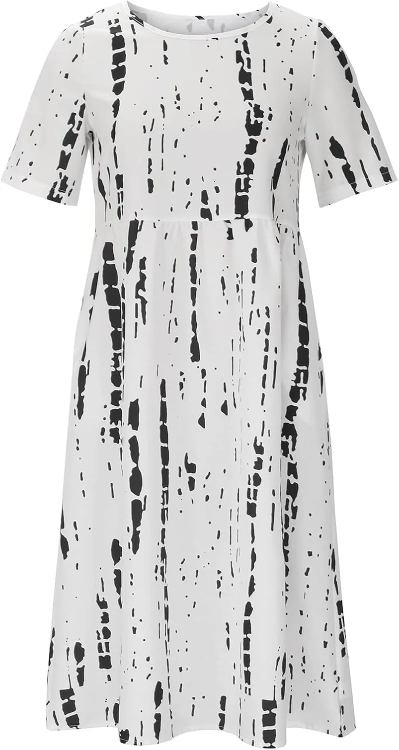 Business Dress for Women Empire Waist Ruched Front Pocket Short Sleeve Maxi Dresses Boho Floral Flowy Summer Dress