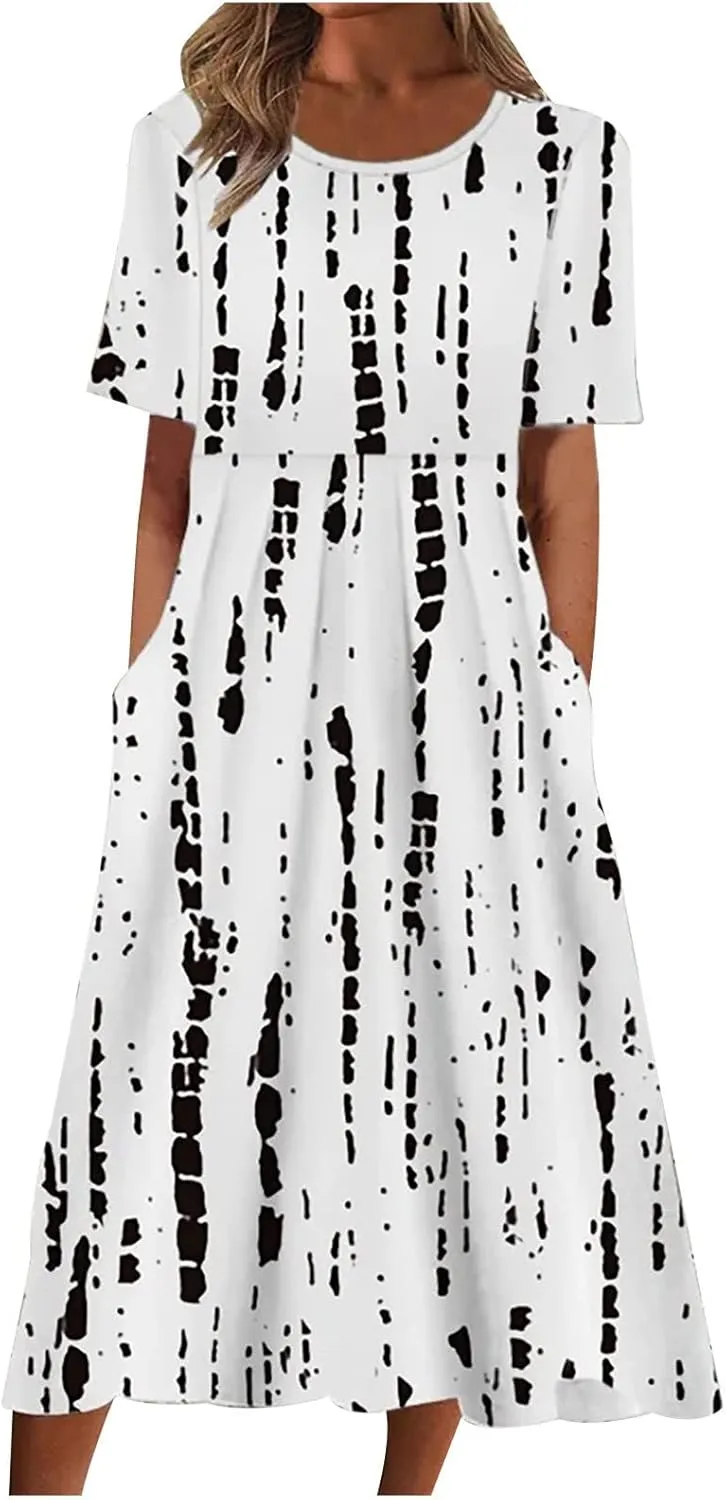 Business Dress for Women Empire Waist Ruched Front Pocket Short Sleeve Maxi Dresses Boho Floral Flowy Summer Dress