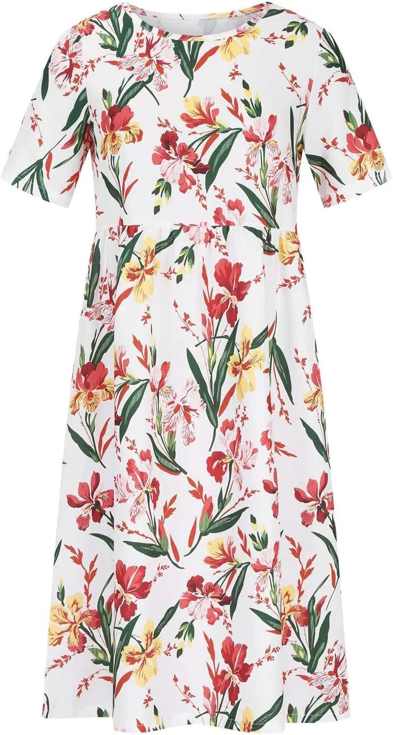 Business Dress for Women Empire Waist Ruched Front Pocket Short Sleeve Maxi Dresses Boho Floral Flowy Summer Dress