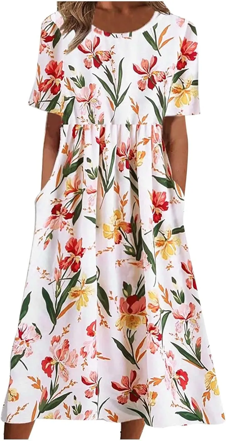 Business Dress for Women Empire Waist Ruched Front Pocket Short Sleeve Maxi Dresses Boho Floral Flowy Summer Dress