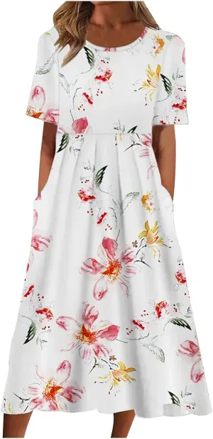 Business Dress for Women Empire Waist Ruched Front Pocket Short Sleeve Maxi Dresses Boho Floral Flowy Summer Dress