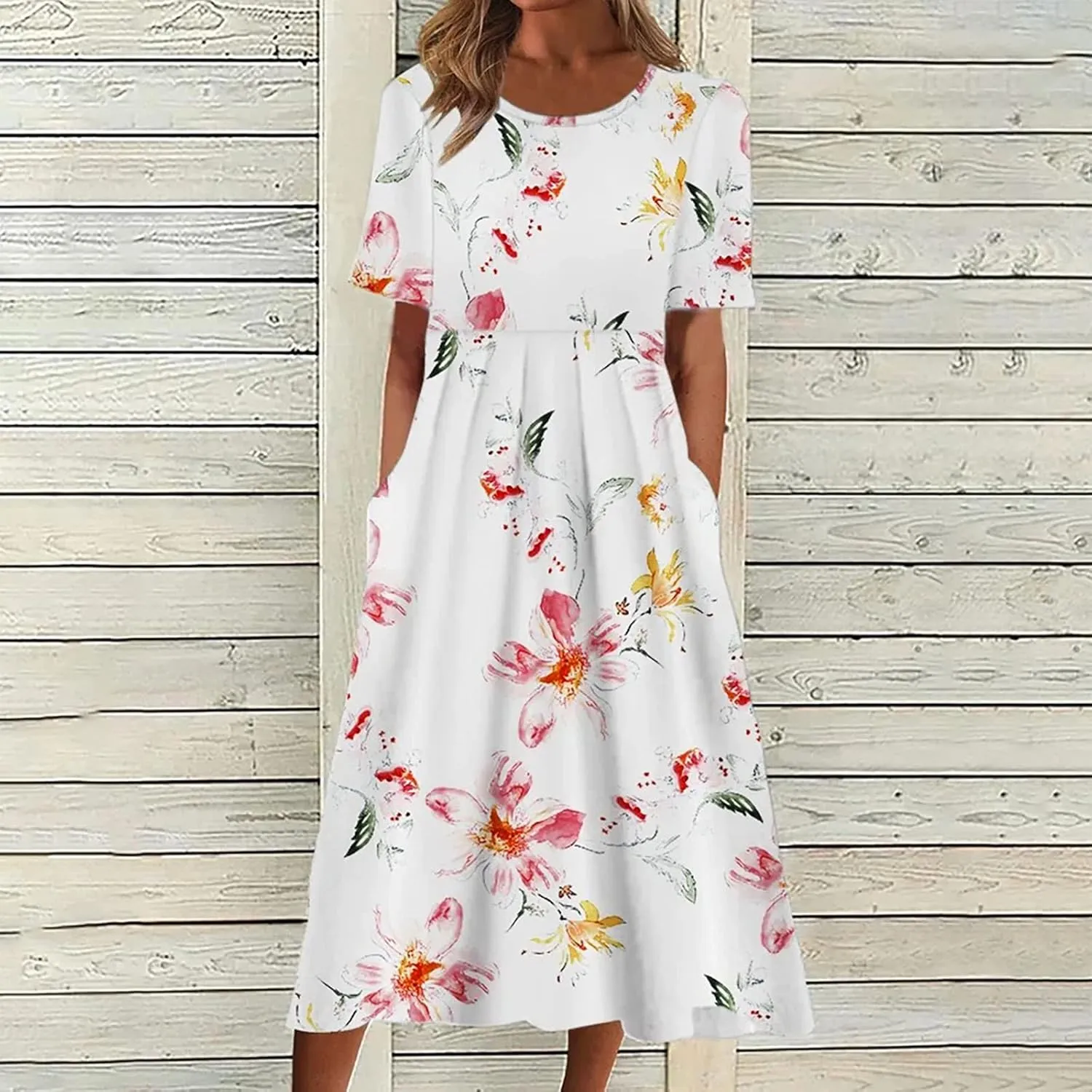 Business Dress for Women Empire Waist Ruched Front Pocket Short Sleeve Maxi Dresses Boho Floral Flowy Summer Dress