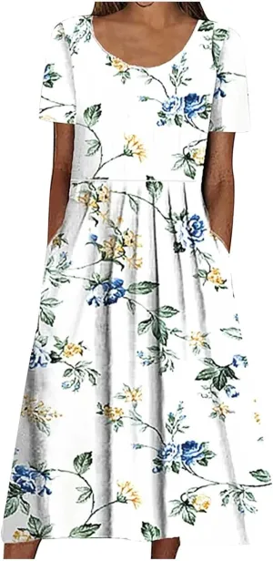 Business Dress for Women Empire Waist Ruched Front Pocket Short Sleeve Maxi Dresses Boho Floral Flowy Summer Dress