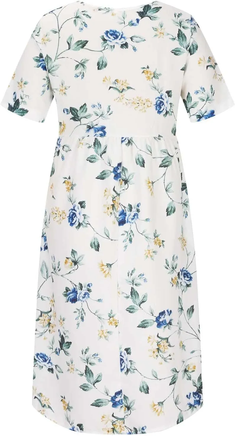 Business Dress for Women Empire Waist Ruched Front Pocket Short Sleeve Maxi Dresses Boho Floral Flowy Summer Dress