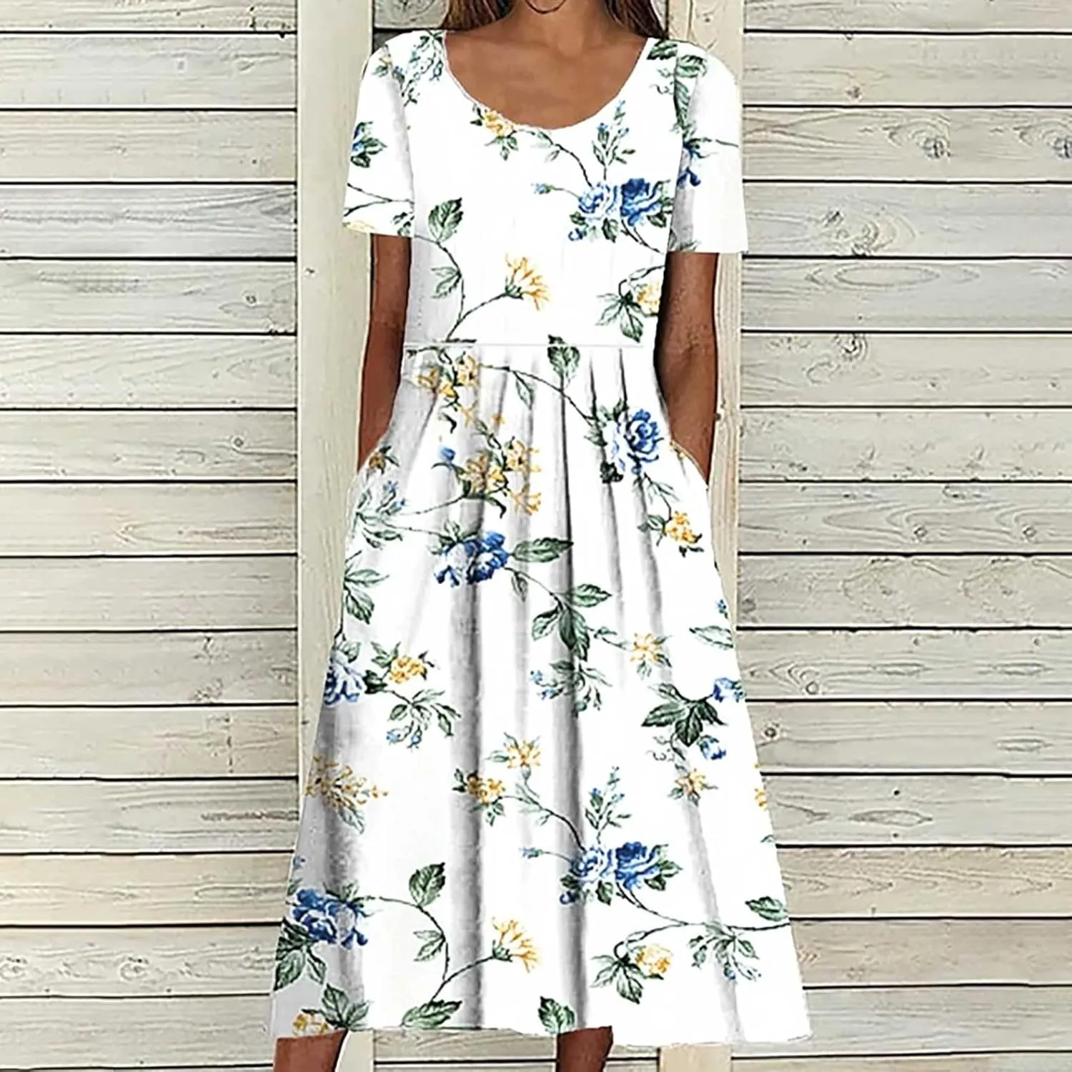 Business Dress for Women Empire Waist Ruched Front Pocket Short Sleeve Maxi Dresses Boho Floral Flowy Summer Dress