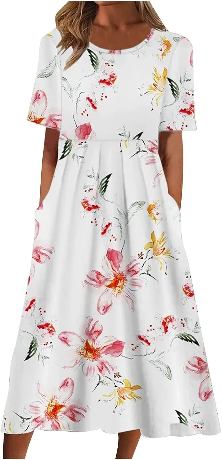 Business Dress for Women Empire Waist Ruched Front Pocket Short Sleeve Maxi Dresses Boho Floral Flowy Summer Dress