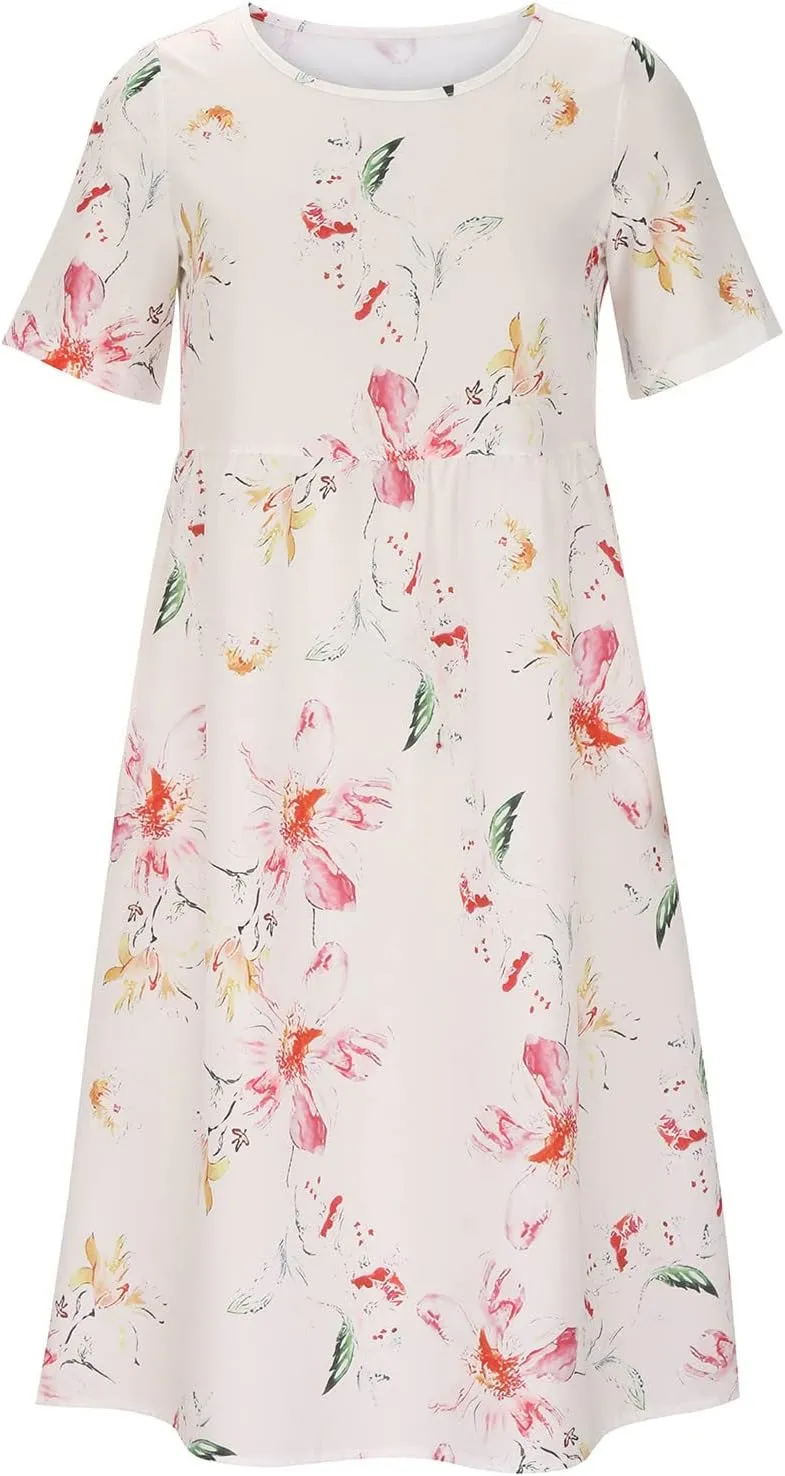 Business Dress for Women Empire Waist Ruched Front Pocket Short Sleeve Maxi Dresses Boho Floral Flowy Summer Dress