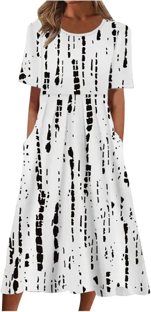 Business Dress for Women Empire Waist Ruched Front Pocket Short Sleeve Maxi Dresses Boho Floral Flowy Summer Dress
