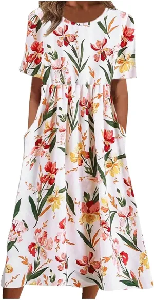 Business Dress for Women Empire Waist Ruched Front Pocket Short Sleeve Maxi Dresses Boho Floral Flowy Summer Dress