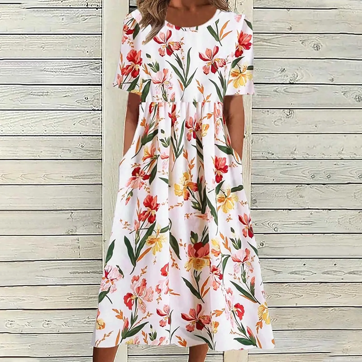 Business Dress for Women Empire Waist Ruched Front Pocket Short Sleeve Maxi Dresses Boho Floral Flowy Summer Dress