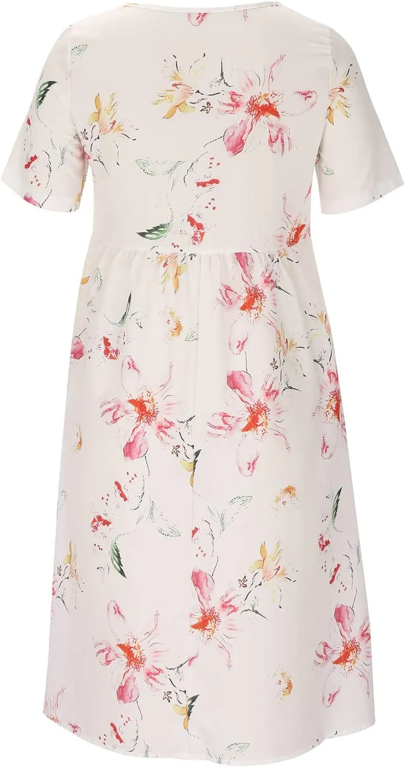 Business Dress for Women Empire Waist Ruched Front Pocket Short Sleeve Maxi Dresses Boho Floral Flowy Summer Dress