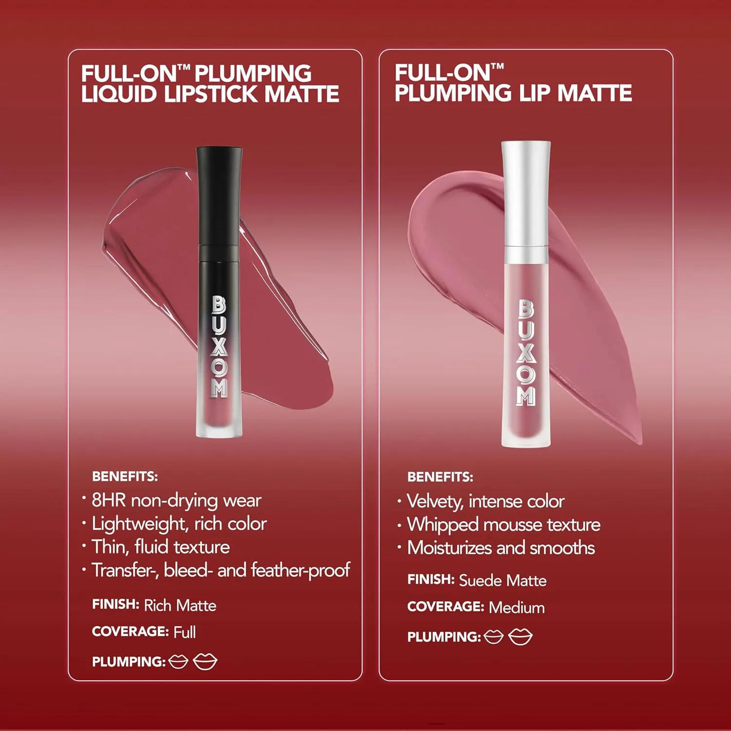 BUXOM Full-ON Plumping Liquid Lipstick Matte - Transfer-proof Plumping Lip Color, 8-hour long wear with Vitamin E Hyaluronic Acid & Plumping Peptide Complex to Hydrate & Smooth Lip Lines, Cruelty-Free