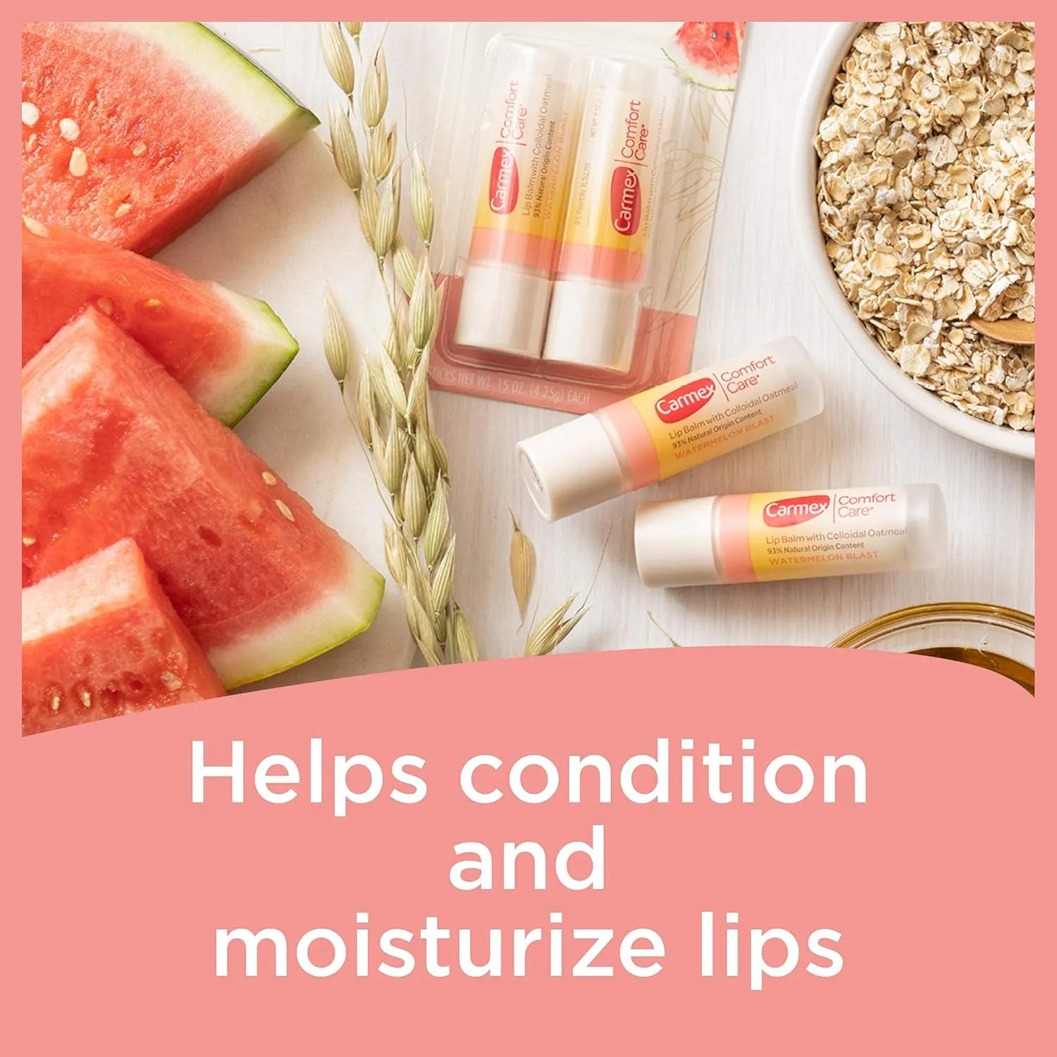 Carmex Comfort Care Lip Balm Sticks with Colloidal Oatmeal, Watermelon Blast Flavor, 4 Count (2 Packs of 2)