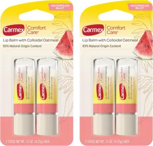 Carmex Comfort Care Lip Balm Sticks with Colloidal Oatmeal, Watermelon Blast Flavor, 4 Count (2 Packs of 2)