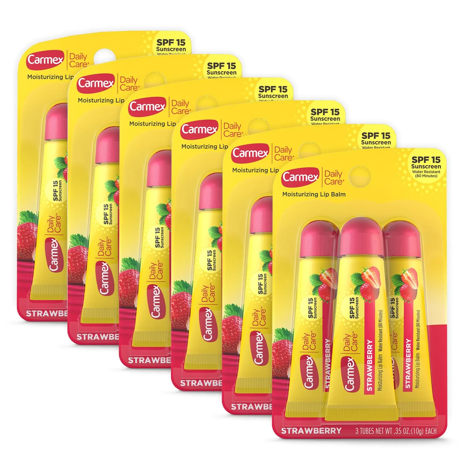 Carmex Daily Care Moisturizing Lip Balm with SPF 15, Strawberry Lip Balm Tubes, 0.35 OZ Each - 3 Count (Pack of 6)