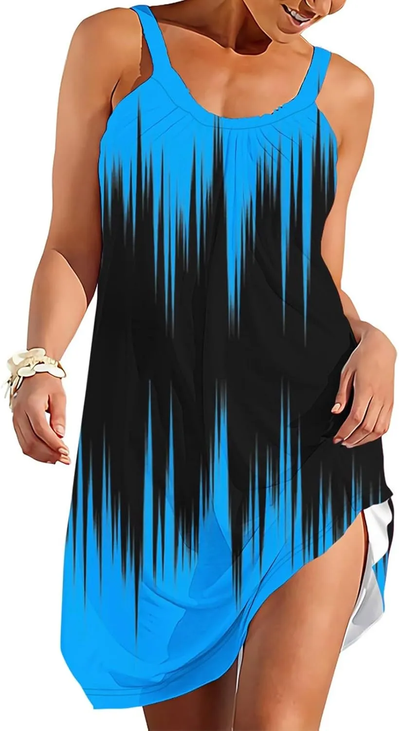Casual Dresses for Women Halter Strap Sleeveless Gradient Maxi Tank Dresses Summer Hawaiian Vacation Mini Dress