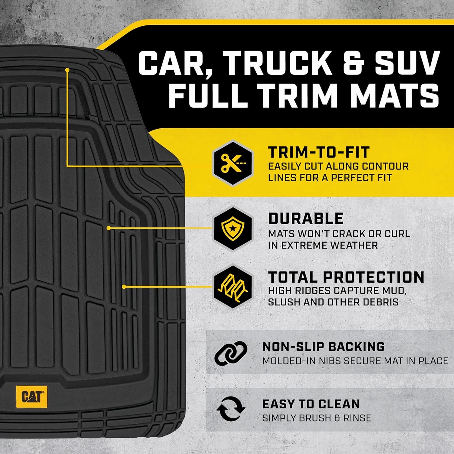 CAT® ToughRide™ Heavy-Duty 4 Piece Black Floor Mats for Cars - Trim to Fit All-Weather Rubber Car Mats Full Set - Truck Mats & Car Floor Mats - Interior Accessories for SUVs & Car Rug Protection