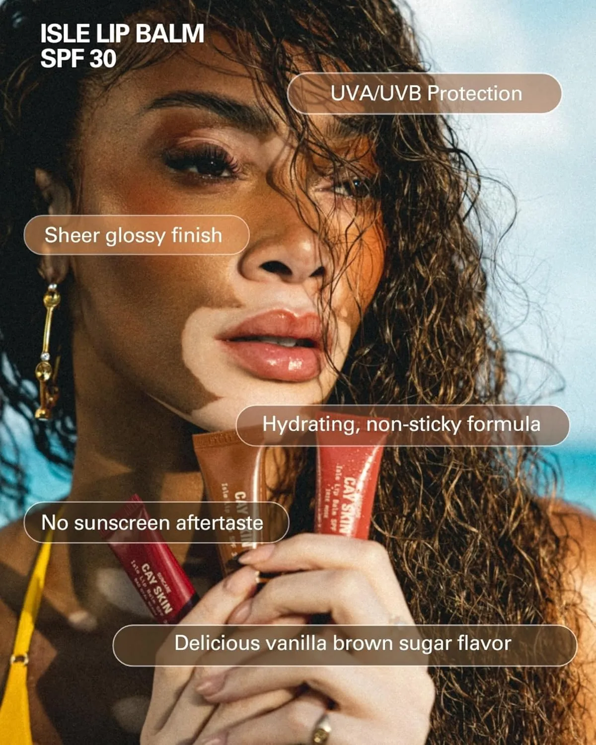 Cay Skin Isle Lip Balm SPF 30 – High Shine, Hydrating, Non-Sticky Lip Gloss in Vanilla Brown Sugar Flavor – Formulated with Natural Ingredients for All Skin Tones – Clear