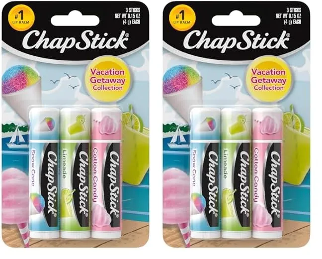 ChapStick Lip Care Set, Vacation Getaway Collection 6-Pack – Snow Cone, Limeade, Cotton Candy Lip Balm, 0.15 Oz Ea