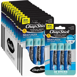 ChapStick Lip Moisturizer, Cool Mint 2-in-1 Lipcare SPF 15 3-Packs (12 Sets/36 Tubes) – Bulk Lip Balm, New Improved Formula, 0.15 Oz Ea